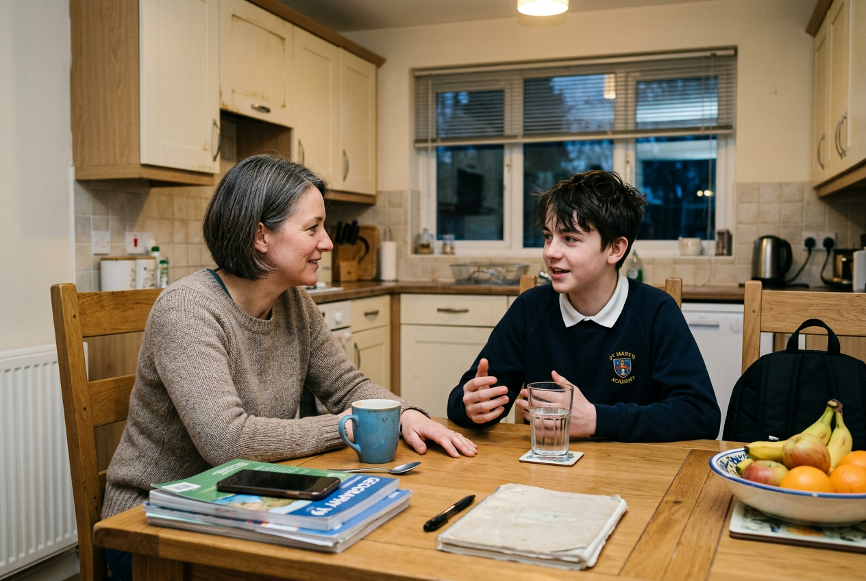 A mum listening as her teenage son talks at the family kitchen table after school